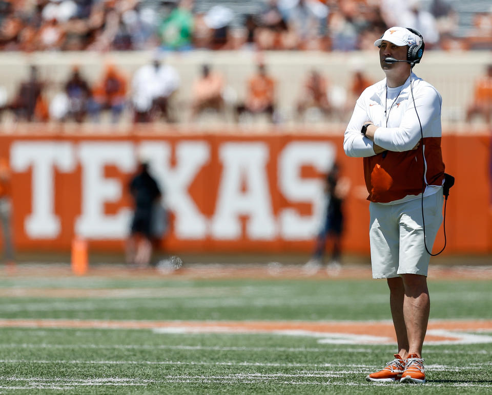 AUSTIN, TEXAS - APRIL 24: Head coach Steve Sarkisian of the Texas Longhorns reacts during the Texas Football Orange-White Spring Game at Darrell K Royal-Texas Memorial Stadium on April 24, 2021 in Austin, Texas. (Photo by Tim Warner/Getty Images)