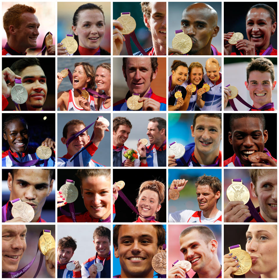A combination picture shows a selection of British athletes posing with their medals at the London 2012 Olympic Games. Great Britain finished third in the medal table, their best result ever. Pictures taken on different dates since the start of the Games. REUTERS/Staff (BRITAIN - Tags: OLYMPICS TPX IMAGES OF THE DAY) For pictures of every British athlete who won a medal copy and paste this link: http://link.reuters.com/vud99s 