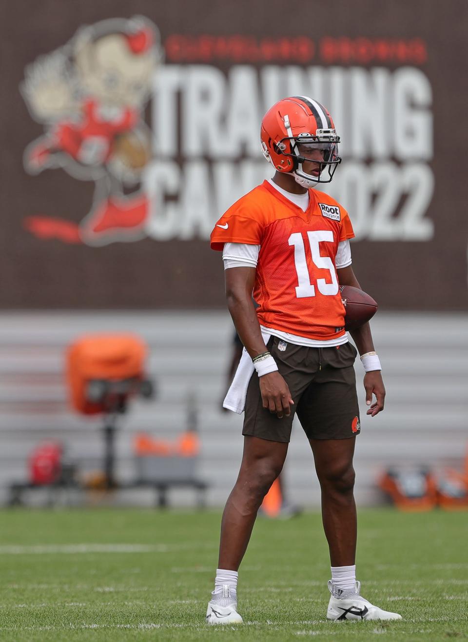 Cleveland Browns quarterback Joshua Dobbs watches from the sideline during the NFL football team's football training camp in Berea on Monday.