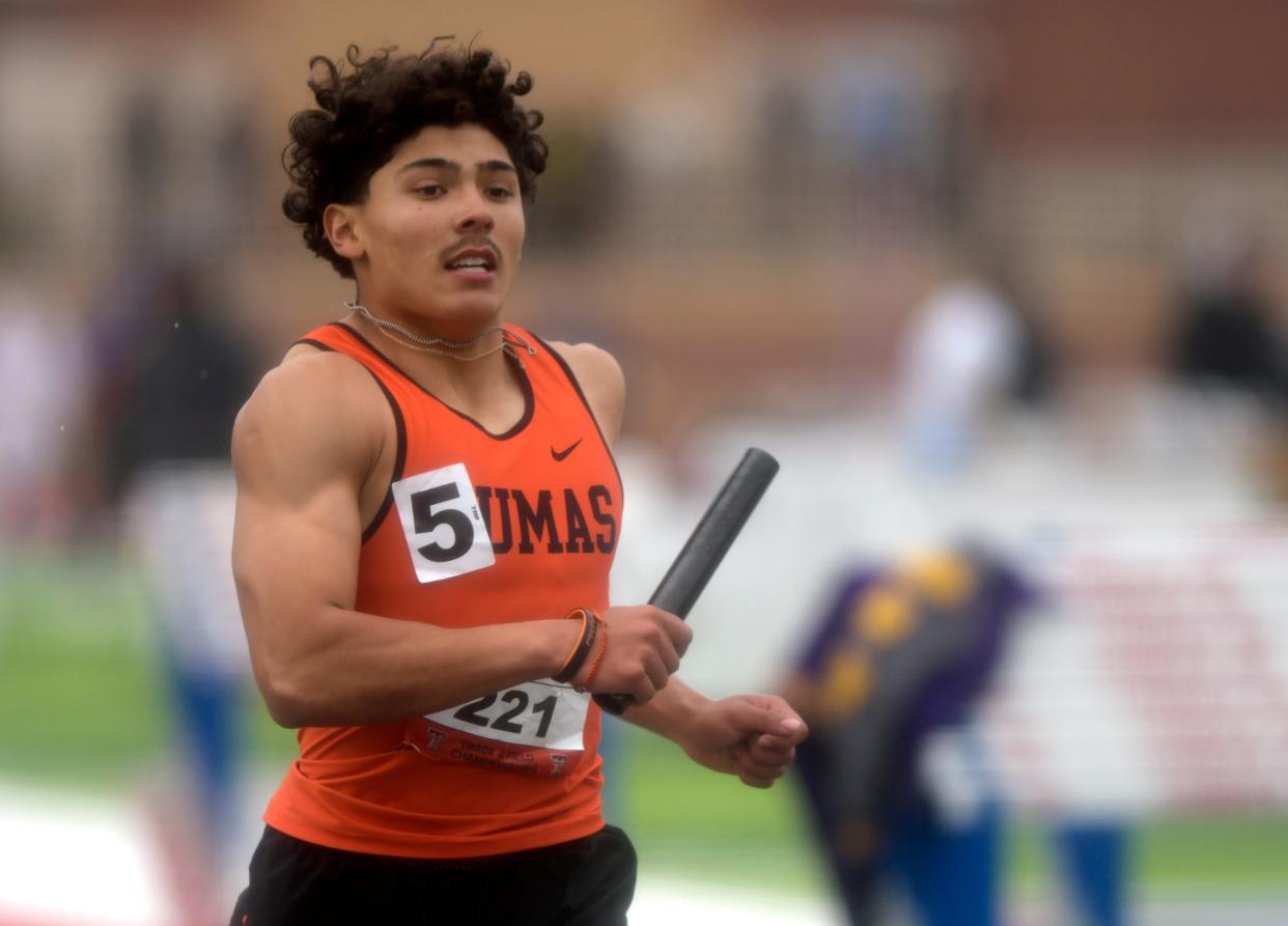 Dumas’ 1,600-meter relay team competes in the Region I-4A track and field meets, Saturday, April 20, 2024, at Lowrey Field.