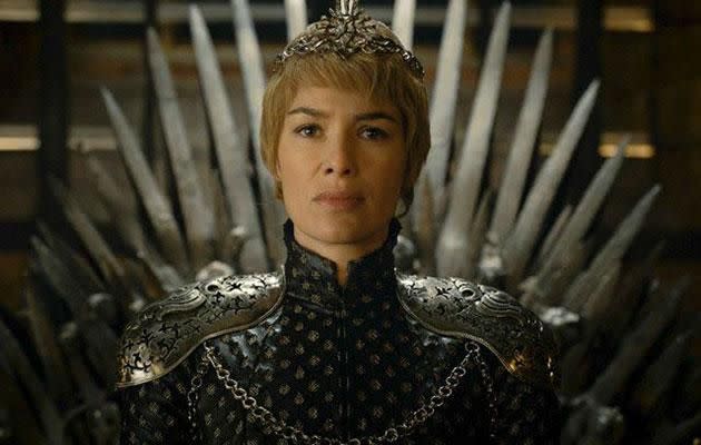 Cersei Lannister, played by Lena Headey, sits upon the Iron Throne in season six. Source: HBO