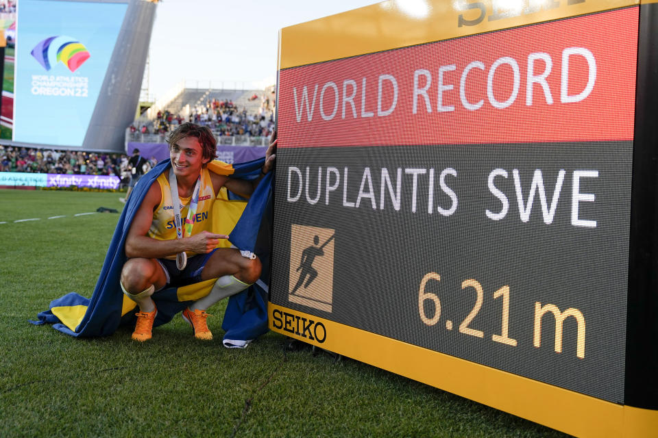 FILE - Armand "Mondo" Duplantis, of Sweden, celebrates after setting a world record in the men's pole vault final at the World Athletics Championships on July 24, 2022, in Eugene, Ore. World-record setters Duplantis and Sydney McLaughlin-Levrone were named World Athletes of the Year on by track's international governing body Monday, Dec. 5, adding yet another achievement to a remarkable 2022 for both athletes. (AP Photo/Charlie Riedel, File)