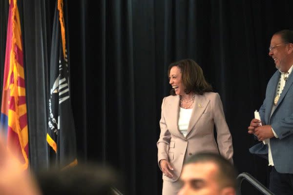 Gila River Indian Community Governor Stephen Lewis introduces U.S. Vice President Kamala Harris at the Gila Crossing Community School in Laveen, Arizona on July 6, 2023.  (photo by Darren Thompson)