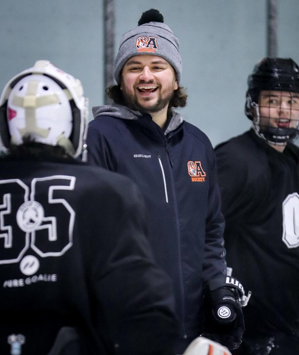 Oliver Ames High boys hockey coach Jimmy Tierney during a practice at Asiaf Arena in Brockton on Thursday, Jan. 19, 2023.