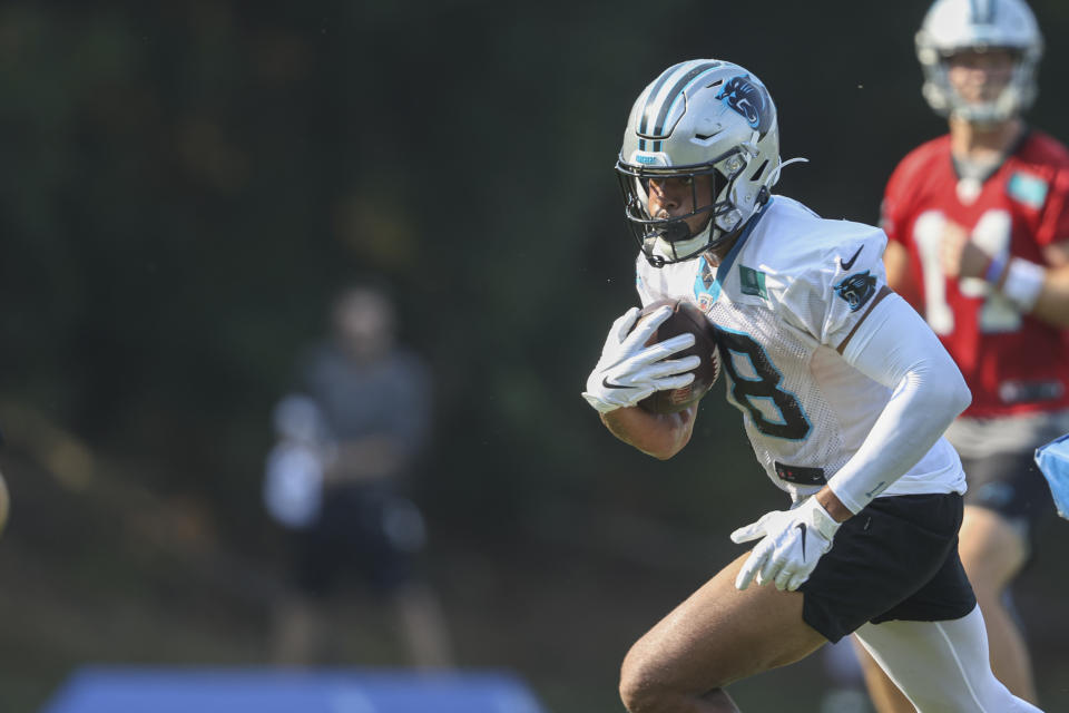 In this Thursday, July 29, 2021, photo, Carolina Panthers wide receiver Keith Kirkwood runs after a catch during practice at the NFL football team's training camp in Spartanburg, S.C., Thursday, July 29, 2021. Kirkwood was hit in the neck area during practice Tuesday, Aug. 3, 2021, and was placed on a board and taken away in an ambulance.(AP Photo/Nell Redmond)