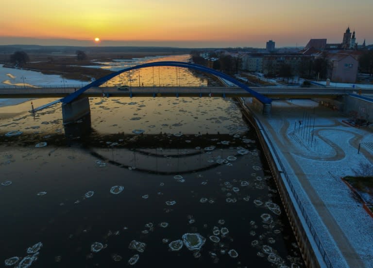 Aerial view shows round pieces of ice, so-called "Pfannkucheneis" (pancake ice), floating on the river Oder between northeastern Germany and Poland on January 10, 2017