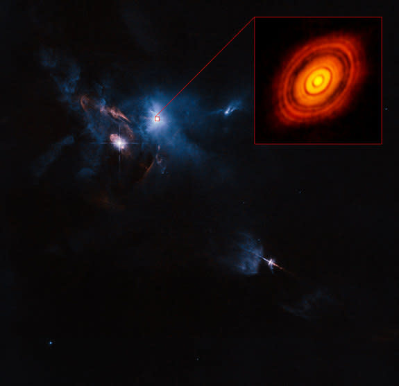 This composite image showing the young star HL Tau and its surroundings uses data from the ALMA radio telescope array (enlarged in box at upper right) and NASA's Hubble Space Telescope.