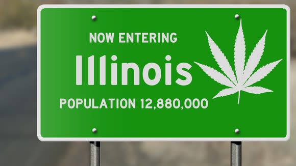 Now entering Illinois sign with a marijuana leaf drawn on it