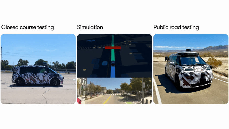 A three-panel image showing the latest Waymo Driver EV in three settings: 