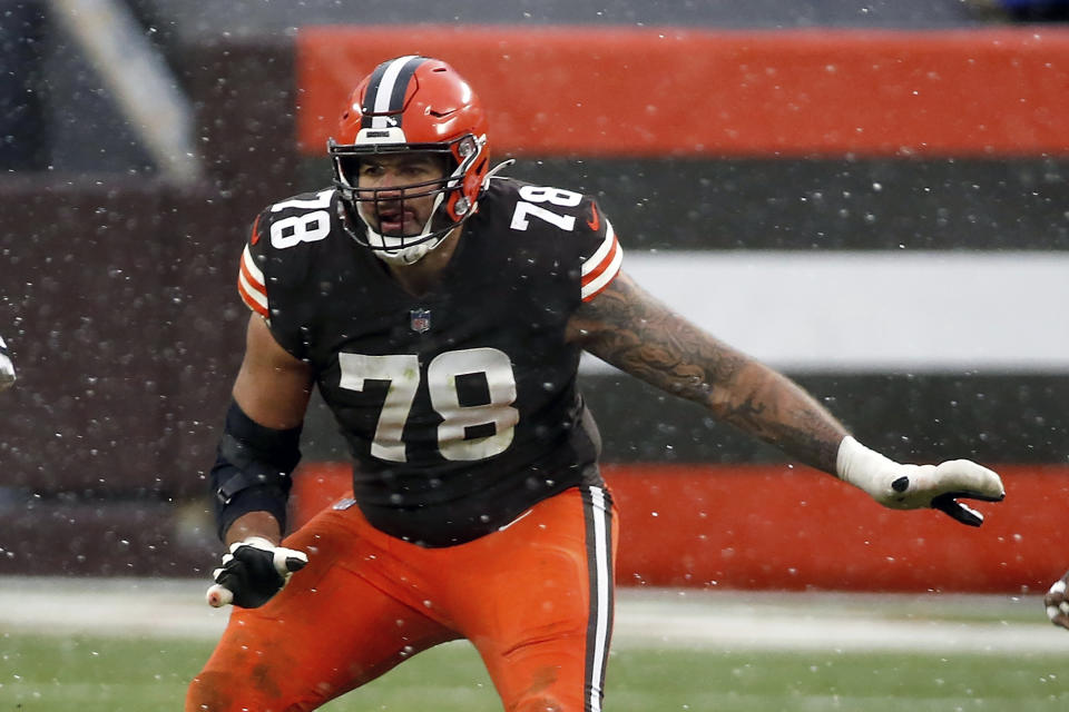 FILE - Cleveland Browns offensive tackle Jack Conklin (78) looks to make a block during an NFL football game against the Las Vegas Raiders in Cleveland, in this Sunday, Nov. 1, 2020, file photo. Conklin was selected Friday, Jan. 8, 2021, to The Associated Press All-Pro Team. (AP Photo/Kirk Irwin, File)