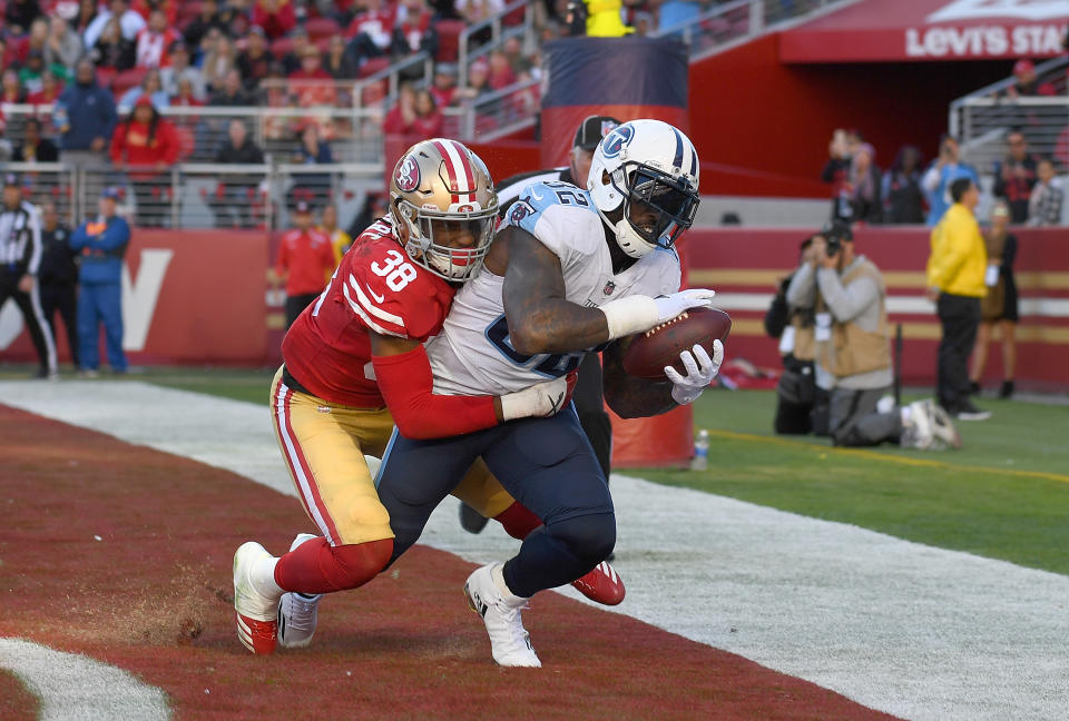 <p>Delanie Walker #82 of the Tennessee Titans catches a touchdown pass over Adrian Colbert #38 of the San Francisco 49ers during their NFL football game at Levi’s Stadium on December 17, 2017 in Santa Clara, California. (Photo by Thearon W. Henderson/Getty Images) </p>