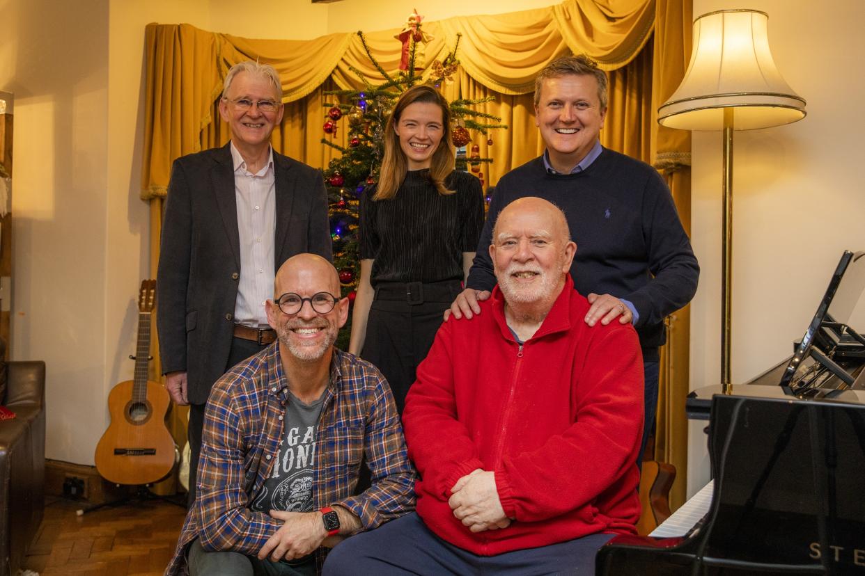 (Back row, left to right) Pete Talman, Grace Meadows and Aled Jones with (front row), Paul Harvey and his son, Nick, after recording the single (Pantling Studio for Music for Dementia)