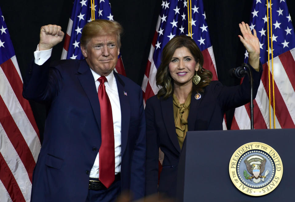 FILE - President Donald Trump appears with South Dakota Gov. Kristi Noem, Sept. 7, 2018, in Sioux Falls, S.D. While vice presidential candidates typically aren't tapped until after a candidate has locked down the nomination, Trump's decisive win in the Iowa caucuses and the departure of Florida Gov. Ron DeSantis from the race has only heightened what had already been a widespread sense of inevitability. Noem is considered a close ally of the former president who is among those being considered for the job. (AP Photo/Susan Walsh, File)