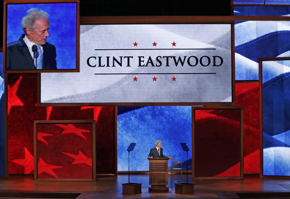 Actor Clint Eastwood talks to an empty chair during his address to the Republican National Convention in Tampa, Fla., on Thursday, Aug. 30, 2012. (AP Photo/J. Scott Applewhite)