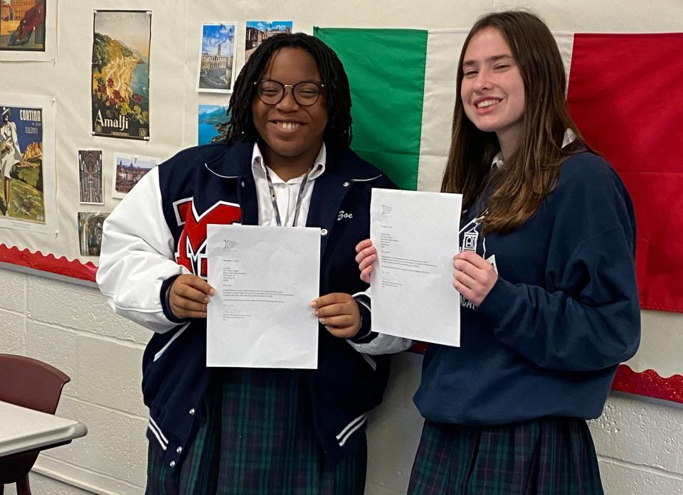 (Left to right) Zoe Daly of Piscataway and Caroline Heinze of Wesfield learned that they had garnered Gold Medal distinction after taking the National Italian examination.