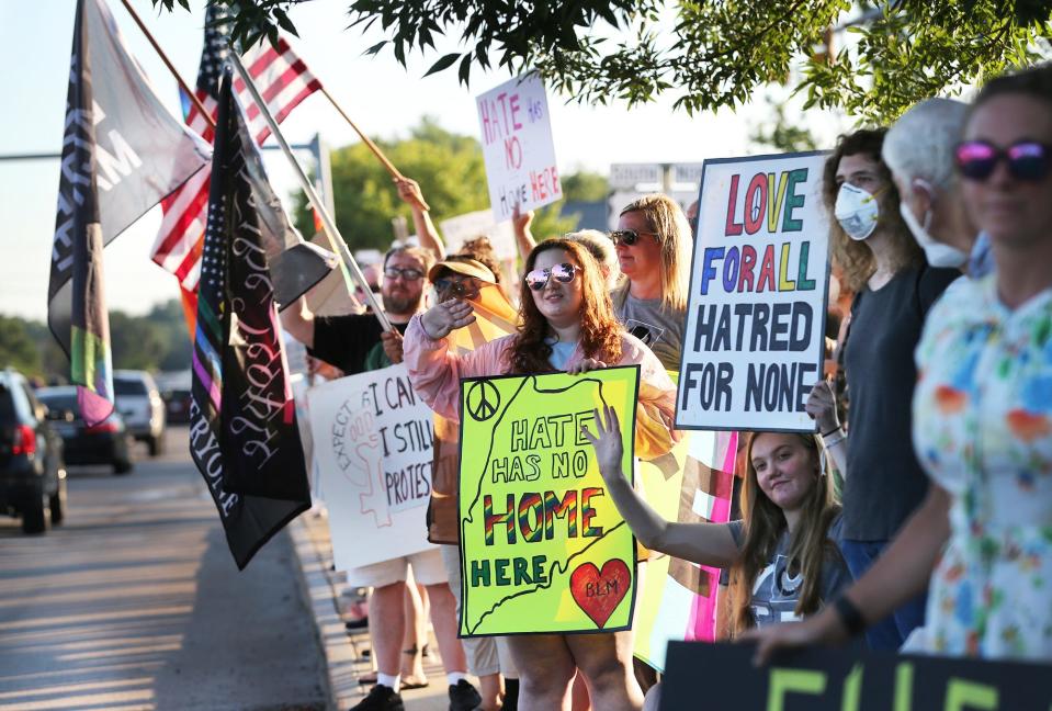 Hundreds of people gathered on Route 1 in Kittery Saturday in support of love and against hate Saturday July 23, 2022, on Route 1 in Kittery, a week after a neo-Nazi group appeared in the same area.