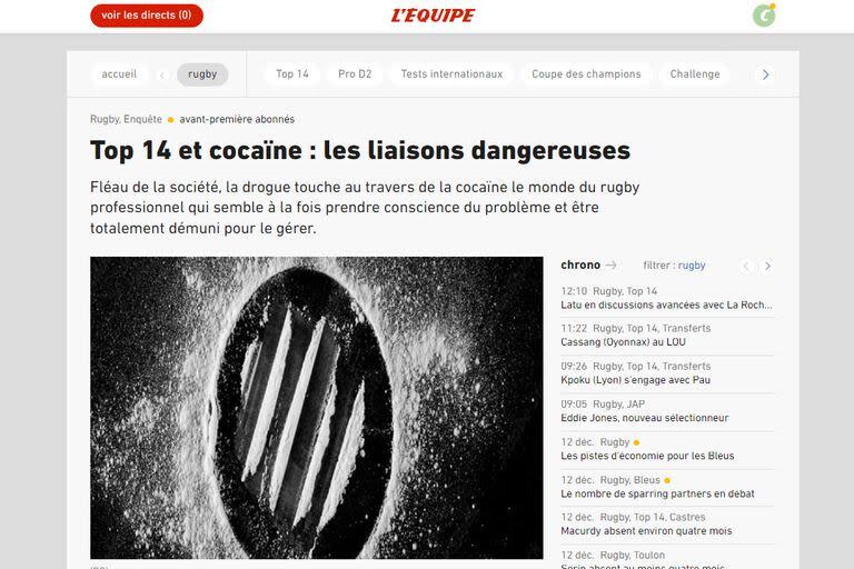 La portada web de L'Equipe, que pone la lupa sobre este flagelo en el rugby francés