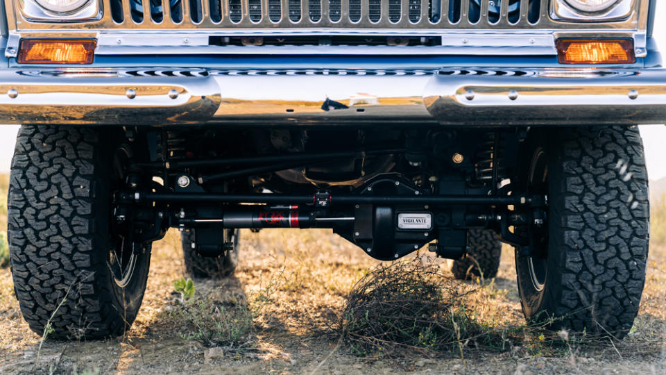 A close-up of the front wheels on a 1977 Jeep Cherokee S restomod from Vigilante 4x4.