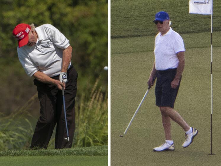 Left: Former President Donald Trump plays golf at Trump National Golf Club in Sterling, Va., Tuesday, Sep. 13, 2022. (AP Photo/Manuel Balce Ceneta); RIght: President Joe Biden plays golf with grandson Hunter Biden, left, at The Buccaneer in Christiansted, U.S. Virgin Islands, Friday, Dec. 30, 2022. (AP Photo/Manuel Balce Ceneta)