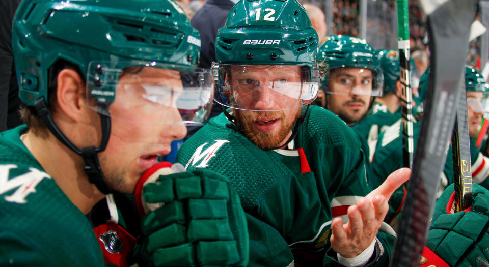 SAINT PAUL, MN - OCTOBER 12: Eric Staal #12 of the Minnesota Wild talks to a teammate during the game against the Pittsburgh Penguins at the Xcel Energy Center on October 12, 2019 in Saint Paul, MN. (Photo by Bruce Kluckhohn/NHLI via Getty Images)