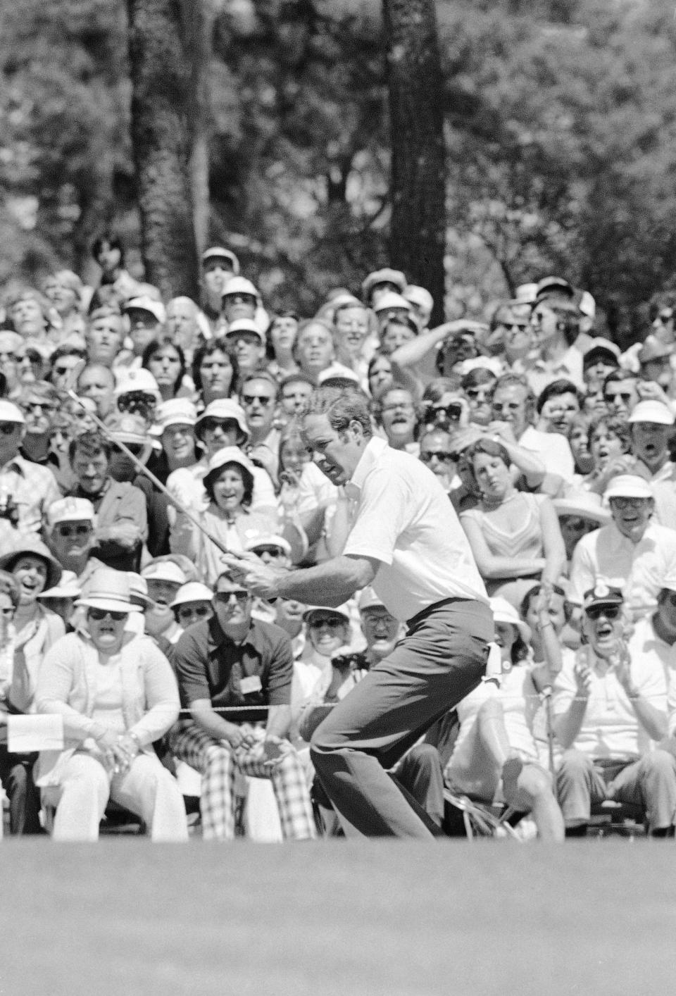 FILE - In this April 13, 1975, file photo, Tom Weiskopf birdies the third hole at Augusta National during the fourth round of play in the Masters golf tournament. In what was voted the fourth-best Masters, it was fourth runner-up finish for Weiskopf, a Masters record for those who never won.(AP Photo/Bob Daugherty, File)