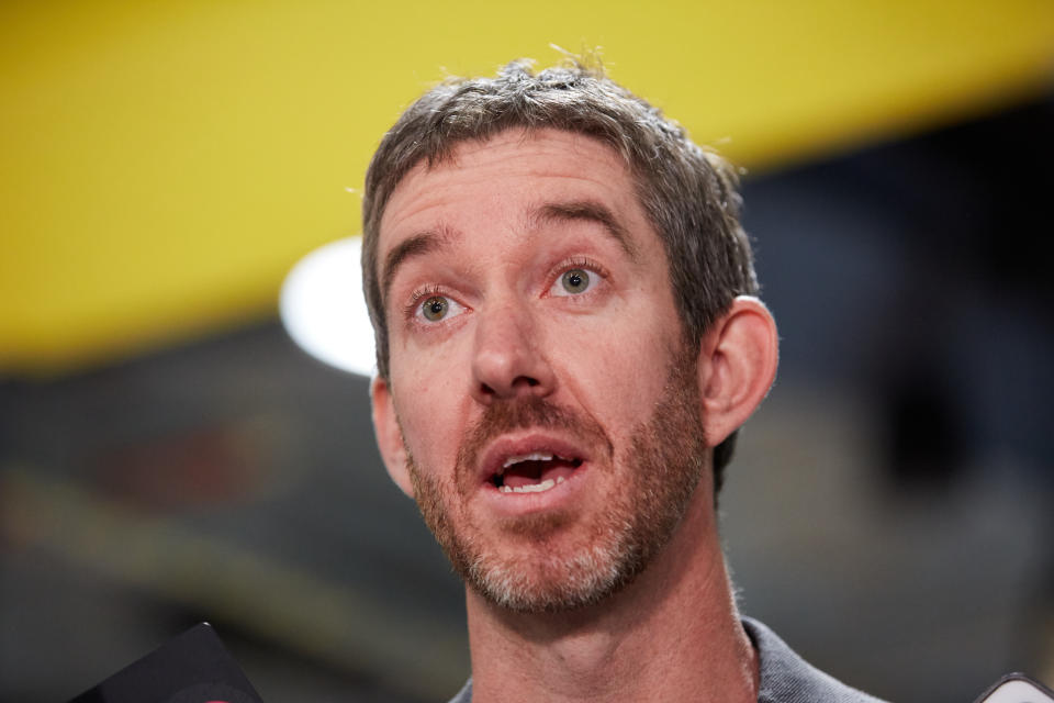 Atlassian co-CEO and co-founder Scott Farquhar speaks to the media during a press conference with NSW Premier Gladys Berejiklian at the University of Technology Sydney (UTS) in Sydney, Tuesday, August 7, 2018. The Premier has made an announcement about Sydney's technology industry. (AAP Image/Erik Anderson) NO ARCHIVING