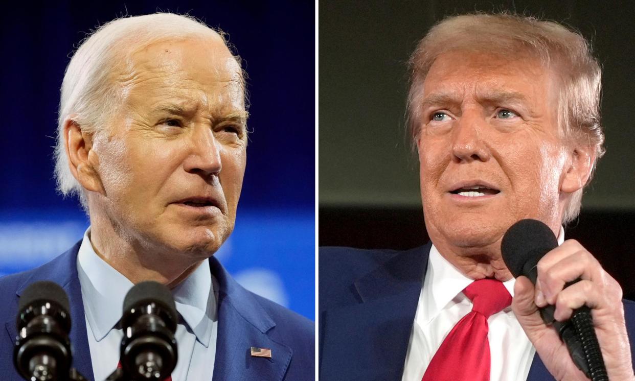 <span>Joe Biden speaks Wilmington, North Carolina, on 2 May 2024, and Donald Trump speaks at a rally in Waukesha, Wisconsin, on 1 May 2024.</span><span>Photograph: Alex Brandon/AP</span>