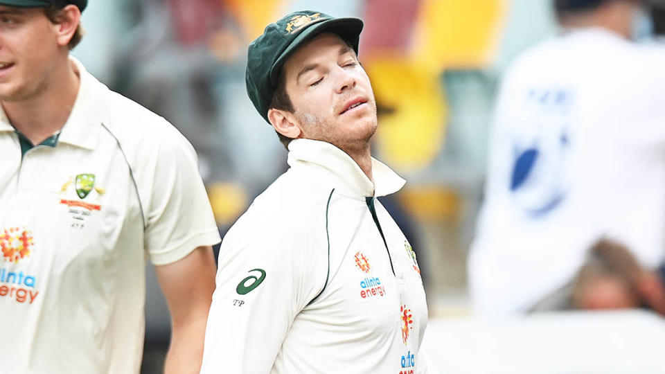 Aussie captain Tim Paine (pictured) looking frustrated walking off the field.