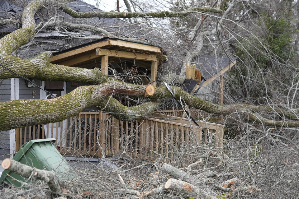 A large tree rests on a home Friday, Jan. 13, 2023, in Griffin, Ga. Powerful storms passed through Thursday causing tornadoes. (AP Photo/John Bazemore)