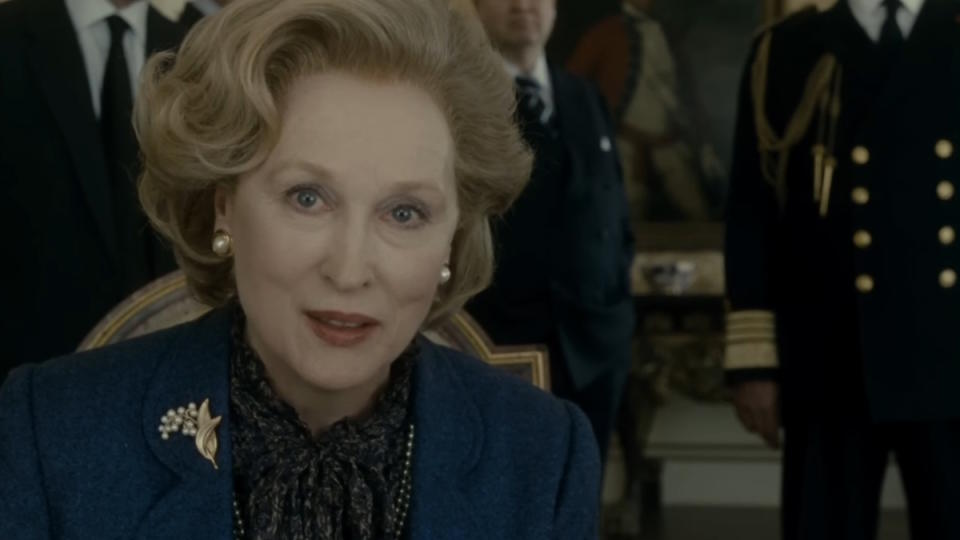 Meryl Streep, as Margaret Thatcher, declares war with Argentina and warns the U.S. about it in The Iron Lady