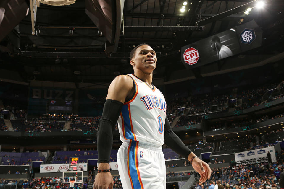 Russell Westbrook looks to make sure the area around him is clear. (Kent Smith/NBAE/Getty Images)