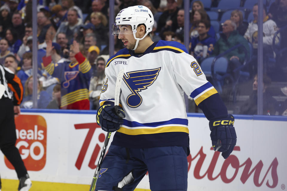 St. Louis Blues center Jordan Kyrou (25) celebrates his goal during the second period of an NHL hockey game against the Buffalo Sabres, Saturday, Feb. 10, 2024, in Buffalo, N.Y. (AP Photo/Jeffrey T. Barnes)