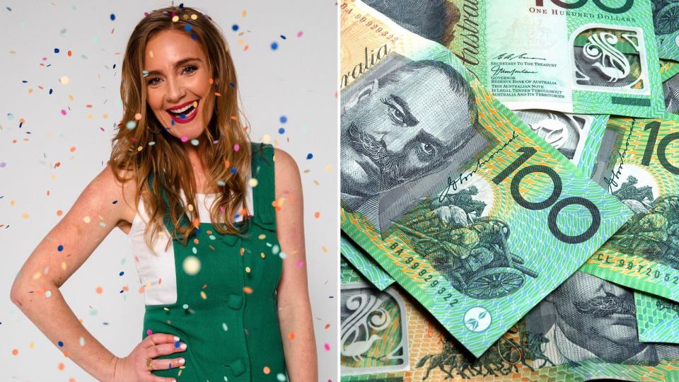 Compilation image of Jessica Brady in confetti and a pile of money