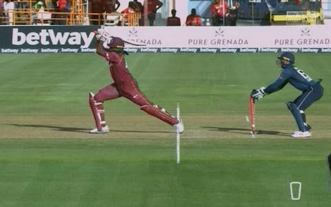 Gayle survives stumping call - Credit: Sky