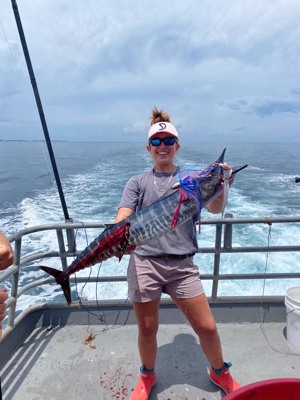 Madison Veltre caught this beautiful wahoo while trolling from the Sea Mist III out of Boynton Beach last Saturday. The fish hit on a custom-made six-ounce pink/blue trolling lure with a bonito strip in 140 feet of water.