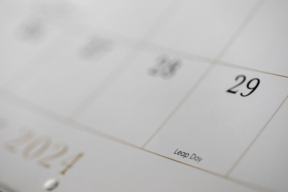 A calendar shows the month of February, including leap day, Feb. 29.