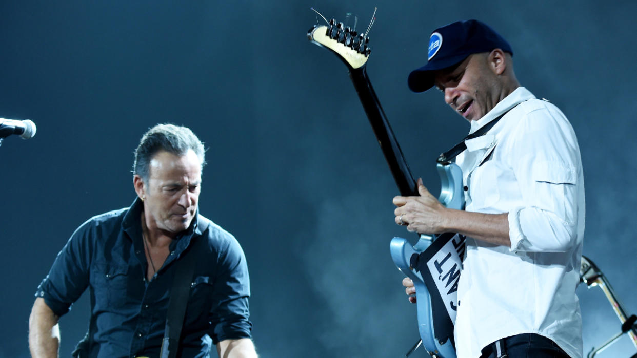  Bruce Springsteen and Tom Morello onstage in 2015. 