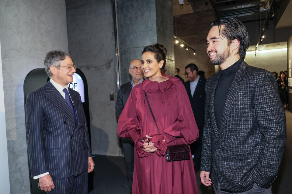 Adrian Cheng, Sheikha Al-Mayassa bint Hamad bin Khalifa Al Thani and Jeffrey Deitch attend the opening night of City as Studio at K11 Musea on March 19, 2023 in Hong Kong, China. 