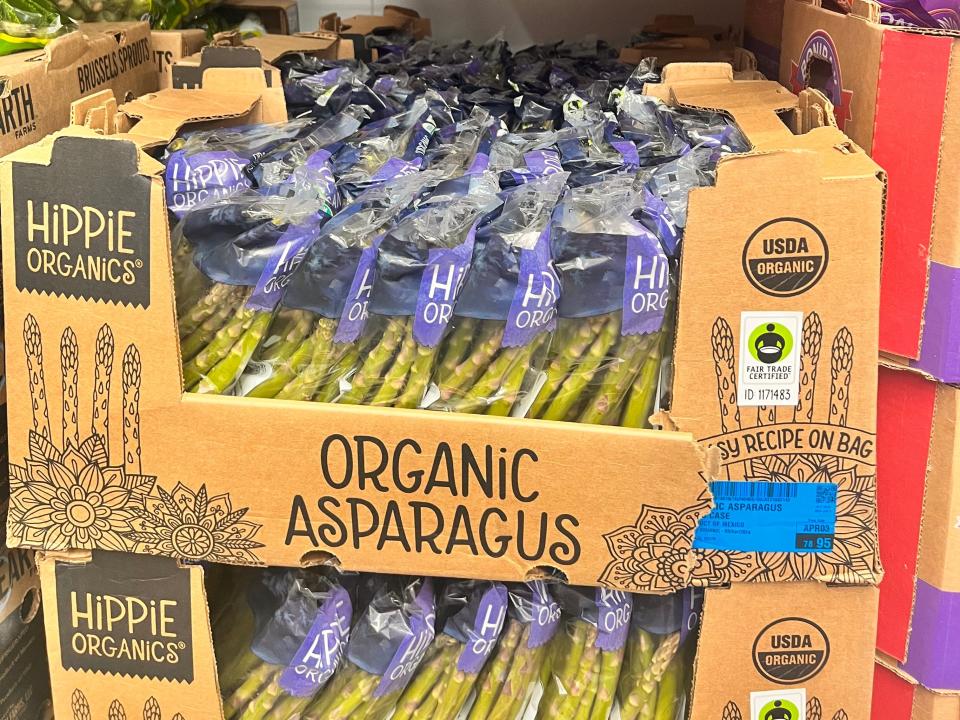 boxes of organic asparagus at costco