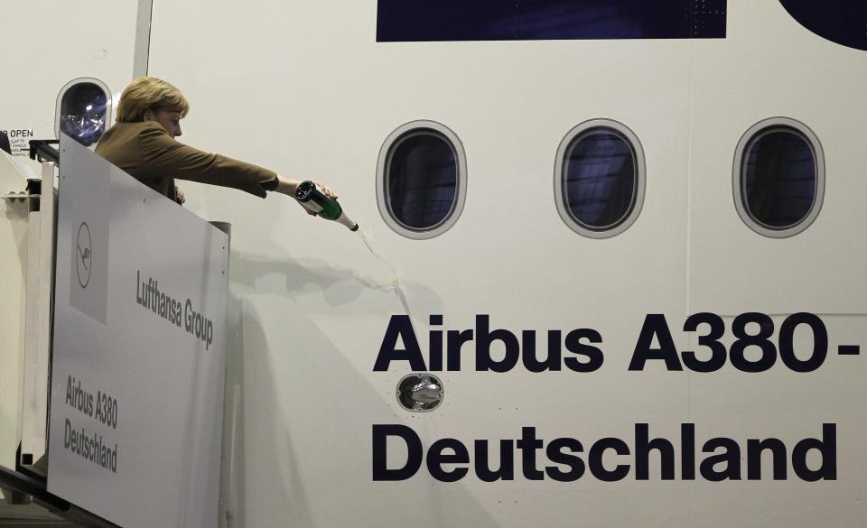 Former German Chancellor Angela Merkel christens an Airbus A380 for Lufthansa in 2015.