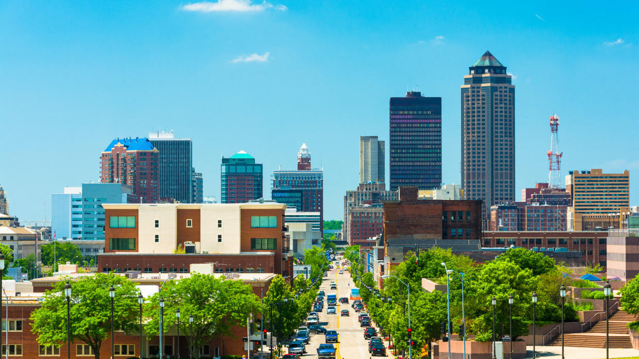 Des Moines skyline view with Downtown Des Moines, elevated view.