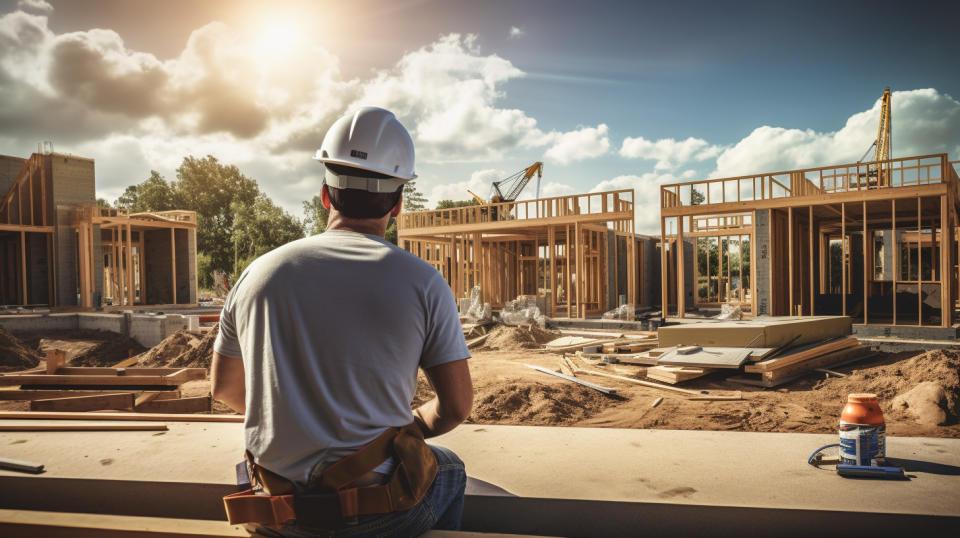 A builder wearing a hard hat admiring a newly constructed smart home.