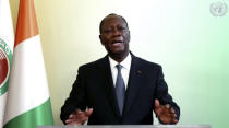 In this image made from UNTV video, Alassane Ouattara, President of Cote d'Ivoire, speaks in a pre-recorded message which was played during the 75th session of the United Nations General Assembly, Thursday Sept. 24, 2020, at UN headquarters, in New York. (UNTV via AP)