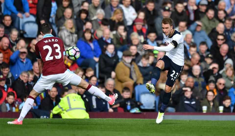 Tottenham’s Christian Eriksen in action with Burnley’s Stephen Ward