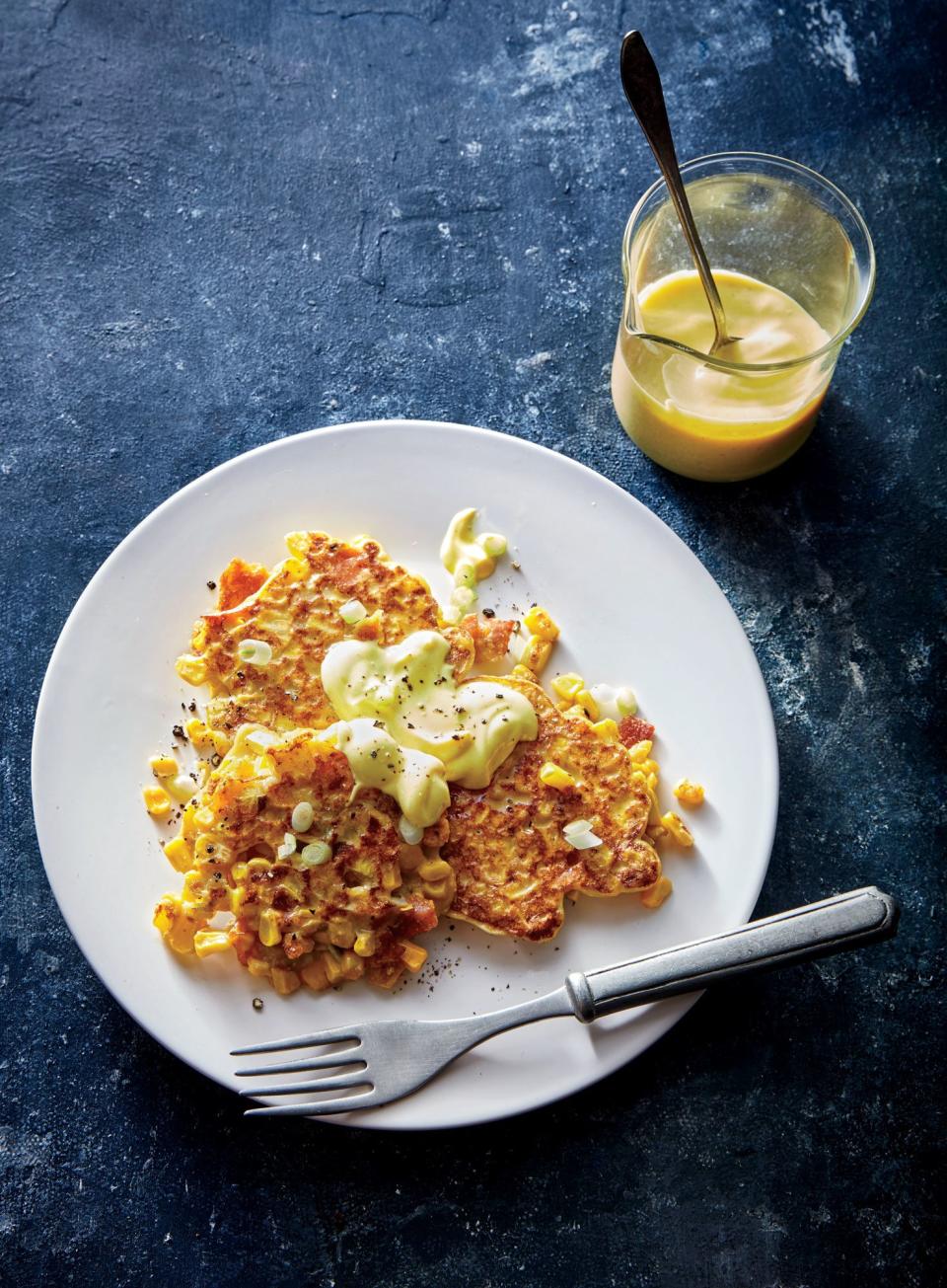 Corn Cakes with Bacon and Turmeric Yogurt