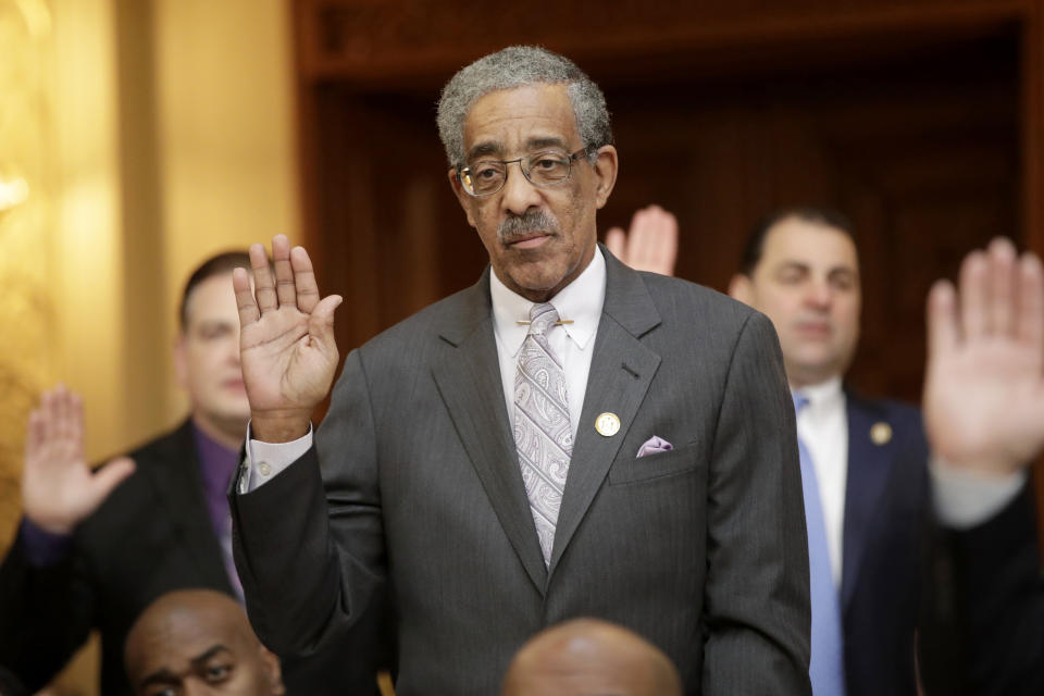 FILE- In this Jan. 9, 2018 file photo, Ronald Rice, D-Newark, N.J., is sworn into the New Jersey Senate in Trenton, N.J. Rice, who is a former police officer, supports ending criminal penalties for marijuana but not legalizing recreational use. (AP Photo/Julio Cortez, File)
