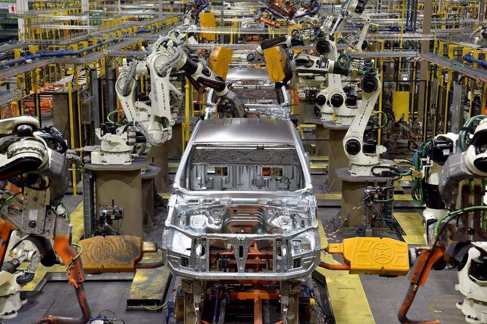 robots weld ranger bodies in the body shop at michigan assembly plant