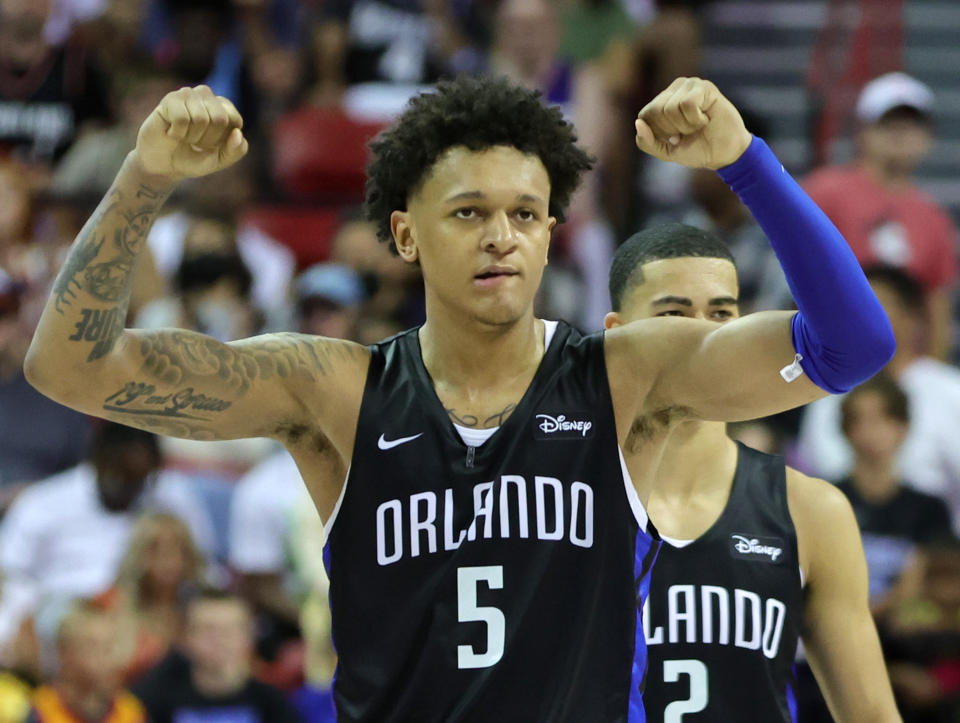 Orlando Magic rookie Paolo Banchero reacts against the Sacramento Kings during the 2022 NBA Summer League at the Thomas & Mack Center in Las Vegas on July 9, 2022. (Ethan Miller/Getty Images)