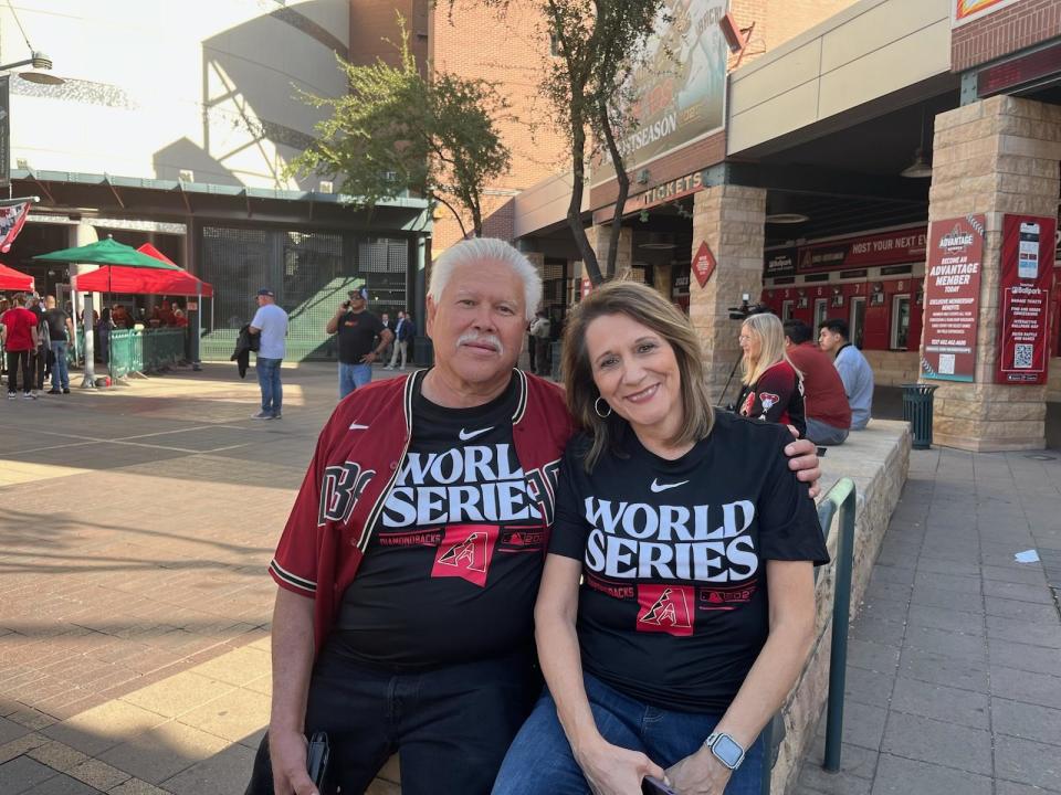 Terry and Tommy Pina attend Game 5 of the World Series between the Arizona Diamondbacks and Texas Rangers on Wednesday, Nov. 1, 2023 at Chase Field in Phoenix.