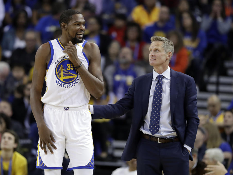 Kevin Durant and Steve Kerr know something about getting to the NBA Finals. (AP)